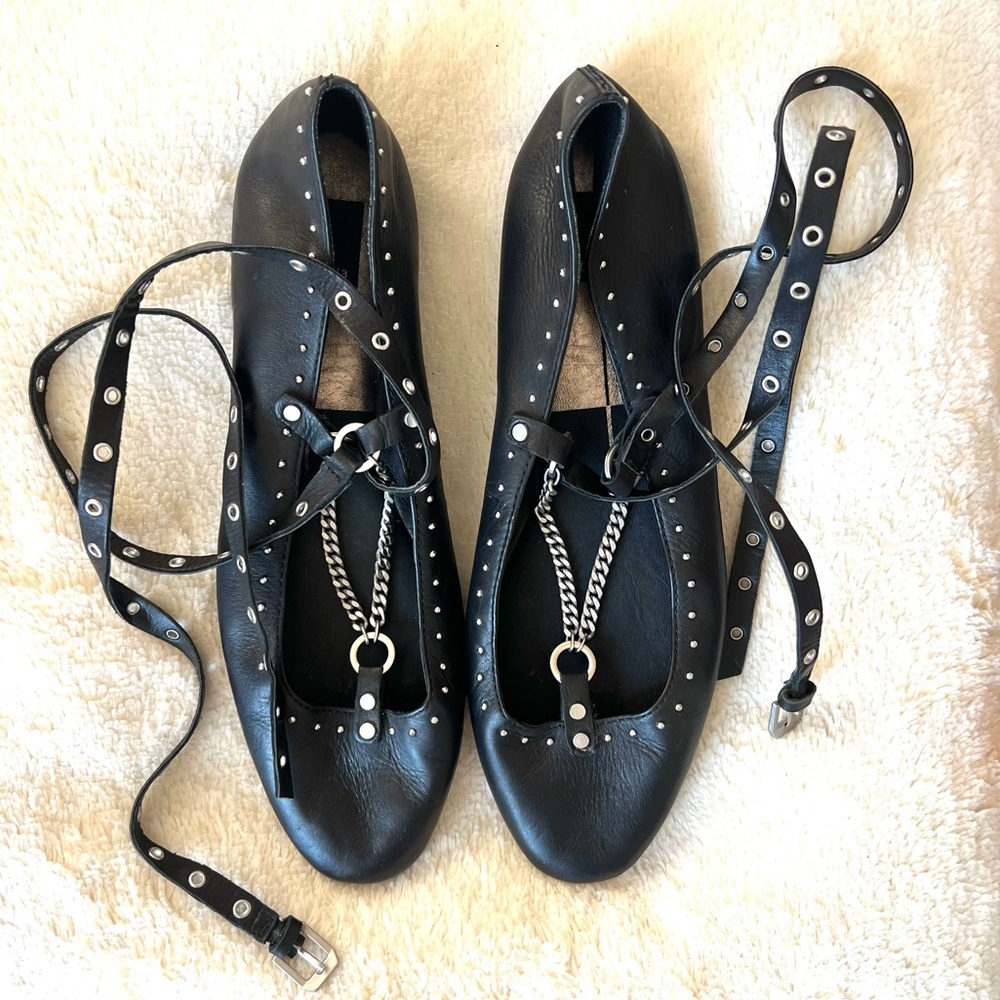 DOLCE VITA Patina Leather Studded Ballet Flats with Chain Accent